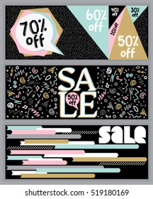 Memphis style set of mobile sale banners. 80's, 90's style vector illustrations of season online shopping mobile website banners, posters, newsletter designs, coupons, labels,  social media banners.