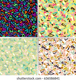 Memphis style set of seamless geometric pattern with shapes and letters. Vector illustration