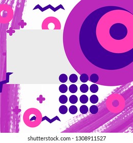 Memphis style square template with geometric pattern in pink and purple colors, vector illustration