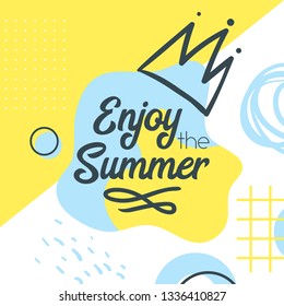Memphis style summer banner template with text. Vector illustration. Geometric and abstract liquid shapes. Enjoy the summer text. Square composition.