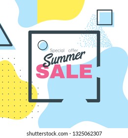 Memphis style summer sale banner template with text. Vector illustration. Geometric and abstract liquid shapes. Square composition.
