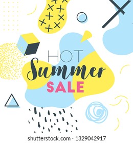 Memphis style summer sale banner template with text. Vector illustration. Geometric and abstract liquid shapes. Square composition.