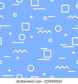 Memphis style texture. 1990s memphis seamless vector background. 90s retro fashion ornament print. Sky blue and white.
