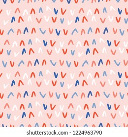 Memphis Style Tick Scribbles Seamless Vector Pattern, Hand Drawn Doodle Lines Shapes Illustration for Trendy Fashion Prints, Kids Packaging, Graphic Decor, Marine Gift Wrap, Pink Red Beach Backgrounds