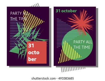 Memphis style. Trendy geometric elements memphis cards. Retro style texture, pattern and geometric elements. Graphic design trends. Neo-Memphis design poster on the purple background 