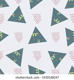 Memphis style triangle abstract waves vector seamless pattern background. White, teal, pink backdrop with decorated triangles and groups of wavy lines. Funky scribble all over print for summer beach