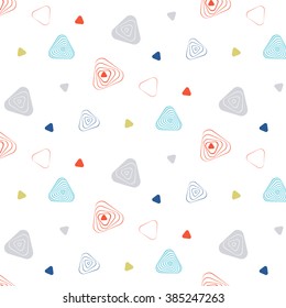 Memphis style triangles. Seamless texture pattern design, prints, textile. Vector abstract geometrical pattern with triangles, colorful triangles, white background. Fun childish pattern, kids bedroom.