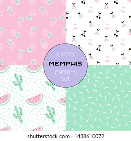 Memphis style vector seamless pattern set. Pineapple, cherry, watermelon with cacti, chaotic sticks hand drawn backdrops pack. Artistic decorative textures. Wallpaper, textile cartoon design