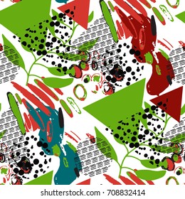 Memphis style. Vector seamless pattern with leaves and abstract elements.