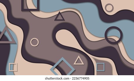 Memphis style wallpaper. Geometric contours against the background of overlapping wavy shapes. Template for your projects. Vector.
