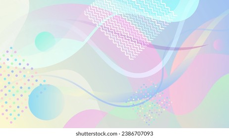 Memphis style wallpaper in soft colors. Chaotically placed geometric elements, abstract overlapping shapes and wavy stripes against a background of mixed colors. Vector.