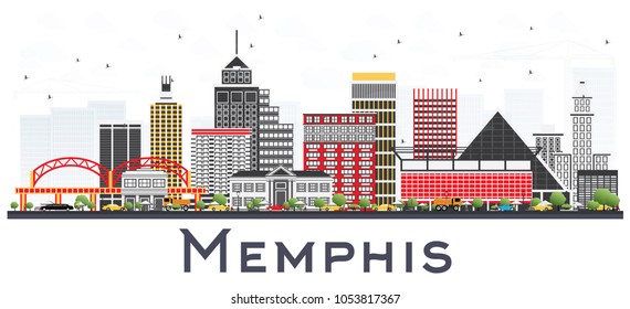 Memphis Tennessee City Skyline with Color Buildings Isolated on White. Vector Illustration. Business Travel and Tourism Concept with Historic Architecture. Memphis Cityscape with Landmarks.