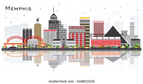 Memphis Tennessee City Skyline with Color Buildings and Reflections Isolated on White. Vector Illustration. Business Travel and Tourism Concept with Historic Architecture. Memphis Cityscape.