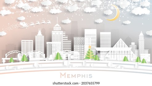 Memphis Tennessee City Skyline in Paper Cut Style with Snowflakes, Moon and Neon Garland. Vector Illustration. Christmas and New Year Concept. Santa Claus on Sleigh. Memphis USA Cityscape.