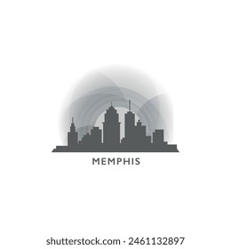 Memphis, Tennessee paisaje urbano paisaje panorama Vector logotipo plano, icono moderno. EE.UU., Estados Unidos Lugares famosos de la ciudad y siluetas de construcción, Clipart aislado en el atardecer, amanecer, gris noche