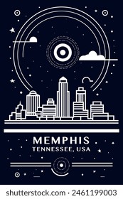 Afiche creativo de la ciudad de Memphis, Tennessee, EE.UU. con paisaje urbano de línea delgada abstracta y horizonte. Ilustración en blanco y negro del Vector del estilo de la pizarra, gráfico de la Vertical para los Estados Unidos de América