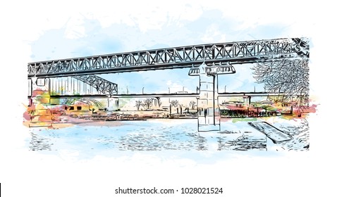 Memphis in Tennessee, USA. Watercolor splash with Hand drawn sketch illustration in vector.