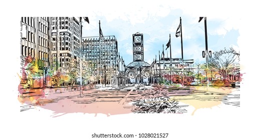 Memphis in Tennessee, USA. Watercolor splash with Hand drawn sketch illustration in vector.