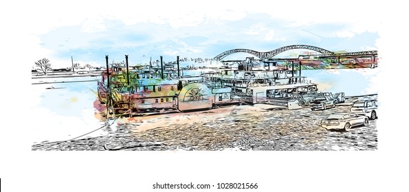 Memphis in Tennessee, USA. Watercolor splash with Hand drawn sketch illustration in vector.