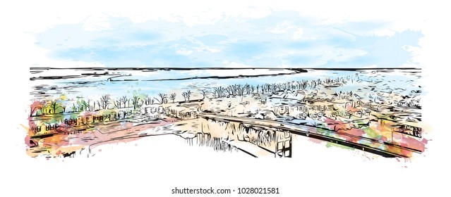 Memphis in Tennessee, USA. Watercolor splash with Hand drawn sketch illustration in vector.