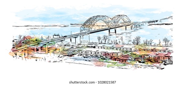 Memphis in Tennessee, USA. Watercolor splash with Hand drawn sketch illustration in vector.