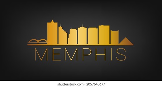 Memphis, TN, USA Gold Skyline City Silhouette Vector. Diseño Dorado Símbolos Icono Estilo Lujo. Edificios famosos de viajes y turismo.