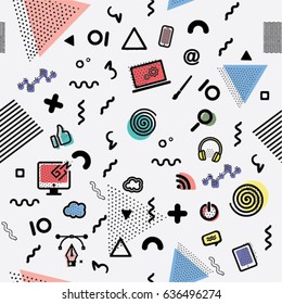 Memphis trendy geometric elements set with memphis icons patterns