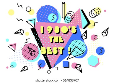 Memphis trendy horizontal design with geometric shapes. Abstract 80-90 styles or memphis style.  Hipster memphis poster background. 1980s the best text. Vector memphis illustration stock vector.