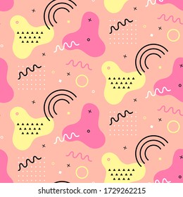 Memphis trendy nahtlose Muster. Mode im Stil der 80-90er Jahre. Abstrakter farbiger geometrischer Hintergrund. Textil-Druck, Tapete, Packpapier, Cover-Design. Vector-Abbildung.
