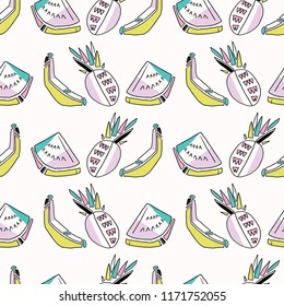 Memphis Tropical Fruit Pattern, Pinapples, Bananas, Watermelon, Seamless Vector Background Healthy Eat 5 a Day, Retro Fashion Prints, Pool Party Decor, Exotic Trendy Kitchen Ware, Food Blog Wallpaper