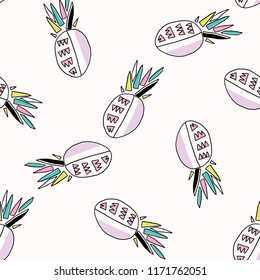 Memphis Tropical Pineapple Fruit Pattern, Seamless Vector Background Illustration,  Exotic Drawn Healthy Fruit 5 a Day, Retro Fashion Print, Pool Party Decor, Modern Kitchen Ware, Food Blog Wallpaper