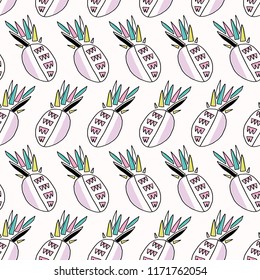 Memphis Tropical Pineapple Fruit Pattern Stripes, Seamless Vector Background Illustration,  Exotic Drawn Fruit 5 a Day, Retro Fashion Print, Pool Party Decor, Modern Kitchen Ware, Food Blog Wallpaper