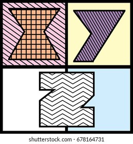 memphis typography alphabet X,Y,Z vector