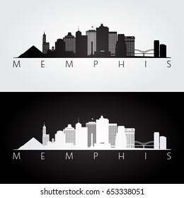Memphis, USA skyline and landmarks silhouette, black and white design, vector illustration. 