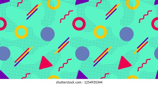 Memphis vector background. Colorful geometric shapes in modern style. Hipster seamless pattern. Trendy repeated texture. Abstract design. Template backdrop in a bright colors. Vector illustration