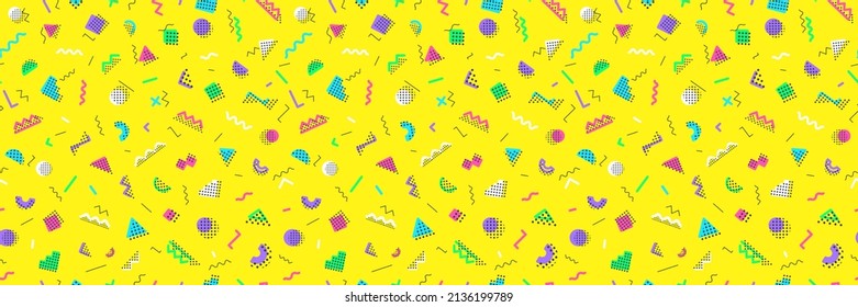 Memphis vector pattern consisting geometry shape on yellow background for banner, party poster. Vector Illusration 10 eps