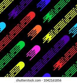 Memphis vector seamless pattern in neon yellow, green, orange, violet, purple, pink and blue colors