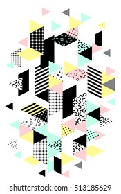 Memphis vertical design with geometric shapes. Abstract 1980-90 styles design. Trendy memphis style. Geometric hipster memphis poster background. Vector memphis illustration stock vector.