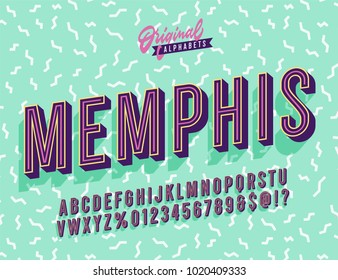"Memphis" Vintage 3d Premium Alphabet. Old School 80 Typography Inspired Inline Retro Typeace. Vector Illustration. Slanted Version