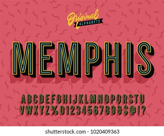 "Memphis" Vintage 3d Premium Alphabet. Old School 80 Typography Inspired Inline Retro Typeace. Vector Illustration. 