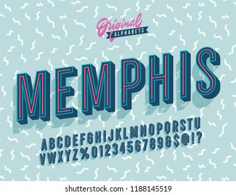 "Memphis" Vintage 3d Premium Alphabet. Old School 80 Typography Inspired Inline Retro Typeace. Vector Illustration. Slanted Version