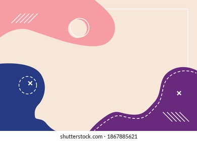 Memphis vintage style. Beige background template. Cover layout. Сolored liquid spots. Blue pink violet.