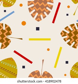 Memphis Vintage style seamless pattern with leaf palm . Texture in Memphis retro  style. Fabric, prints, background. Vintage background with abstract design elements. Stock vector