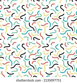 Papel pintado de Memphis con formas abstractas - líneas azules rojas verdes y amarillentas. Patrón sin foco. Ilustración vectorial.  