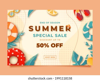 Memphis Watercolor summer sale banner template with leaf, lemon, buoy, and sandal illustration Vector