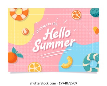 Memphis Watercolor summer sale banner template with leaf, lemon, buoy, and sunglasses illustration Vector