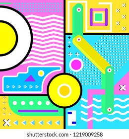 Memphis web texture with colorful geometric and technological elements