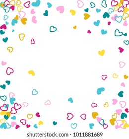 Memphis wedding invitation template border. Vector flying hearts border confetti with place for text. Valentine's day banner card frame. Romantic border with hearts confetti flying for invitation card