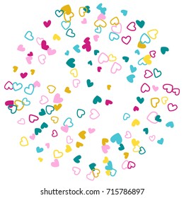Memphis wedding invitation template border. Vector flying hearts border confetti with place for text. Valentine's day banner card frame. Romantic border with hearts confetti flying for invitation card