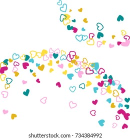 Memphis wedding invitation template border. Vector flying hearts border confetti with place for text. Valentine's day banner card frame. Romantic border with hearts confetti flying for invitation card